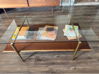 West Elm Mid-Century Modern Glass Coffee Table – Walnut & Brass