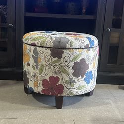 Adeco 17" Height Round Storage Ottoman, Modern Linen Fabric Cushion Footstool with Removable Lid and Wooden Legs for Bedroom Living Room, Floral Print