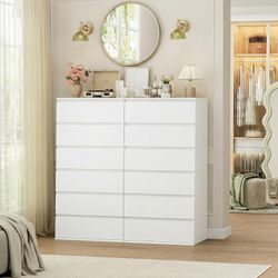 2pcs White Dresser, 6 Drawer Dresser, Modern Tall Floor Storage Cabinet with Metal Sliding Rail, Wooden Handleless Drawer Cabinet, 6-Layer Large Capac