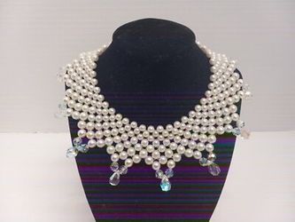 Classic Faux Pearl 6 Tiered Choker with Crystal Drops