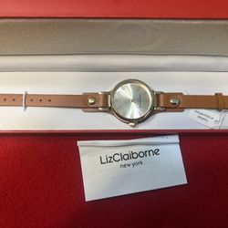 Liz Claiborne Gold Tone Watch With Brown Leather Band. New In Box 