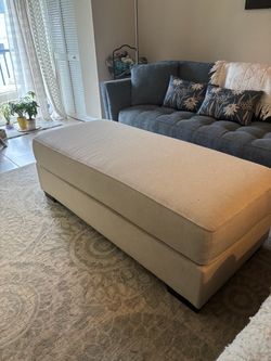 Oversized Upholstered Ottoman Coffee Table | Ivory Linen | 61” x 27”
