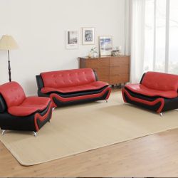 Modern Style Red Leather Three Piece Couch Set