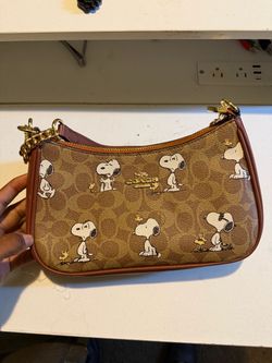 COACH x PEANUTS Teri Shoulder Bag Tan Brown Snoopy Print Canvas