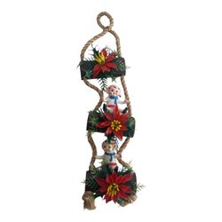 Plastic Elves on Rope Ladder Logs & Poinsettia CHRISTMAS Pixie Plastic ELF 15"