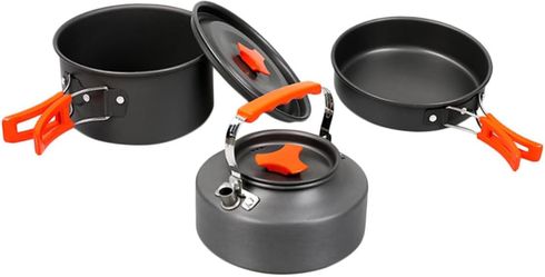 Portable Camping Cookware Set, Lightweight Nonstick Outdoor Cooking Kit with Kettle & Frying Pan