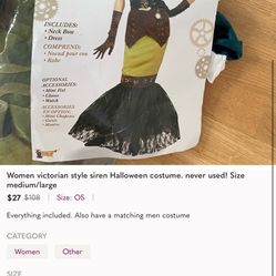 Women victorian style siren Halloween costume. never used! Size medium/large
