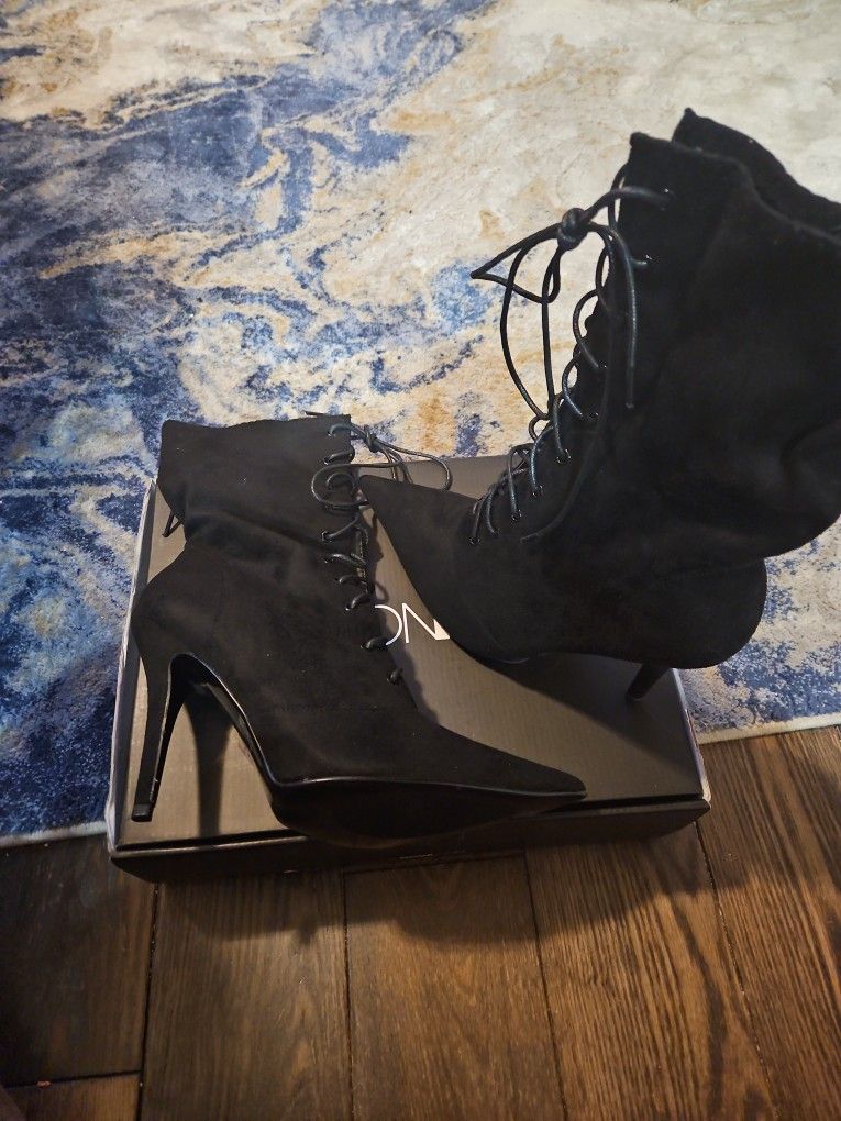 Brand new in box black suede Fashion Nova lace up ankle booties