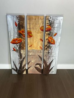 47x36- 3 Piece Textured Triptych- Beige/Grey/Brown/Orange/Yellow Poppies Canvas