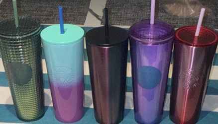 Starbucks 24 oz Metal n Plastic Cups Tumblers Set of 5 w/ Lids & Straws