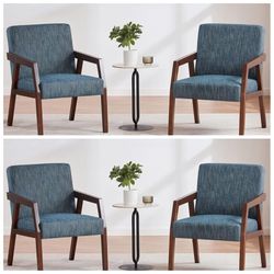 Set of 4 blue mid century Solid Wooden Mid Century Modern Accent Chair, Upholstered Arm Chair for Living Room, Bedroom, Linen Fabric
