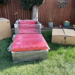 Ash Gray with Red Cushions Armed Patio Chair w/ Large Ottoman & Matching Table - NEW IN BOXES