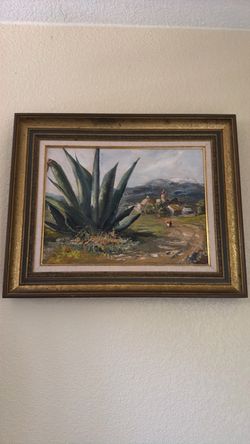 Framed Oil Painting Landscape with Agave