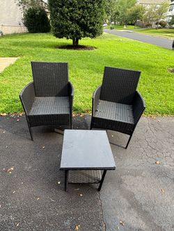 3-Piece Black Wicker Patio Set – 2 Chairs & Glass-Top Table