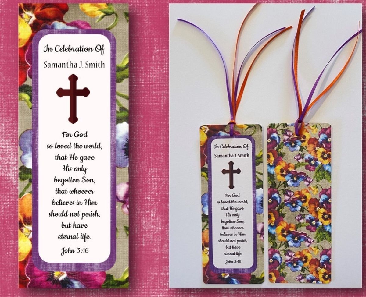 Funeral / Memorial Bookmark - Prayer Cards - Bible Bookmarks - Remembrance Cards - Burlap w/ Pansies