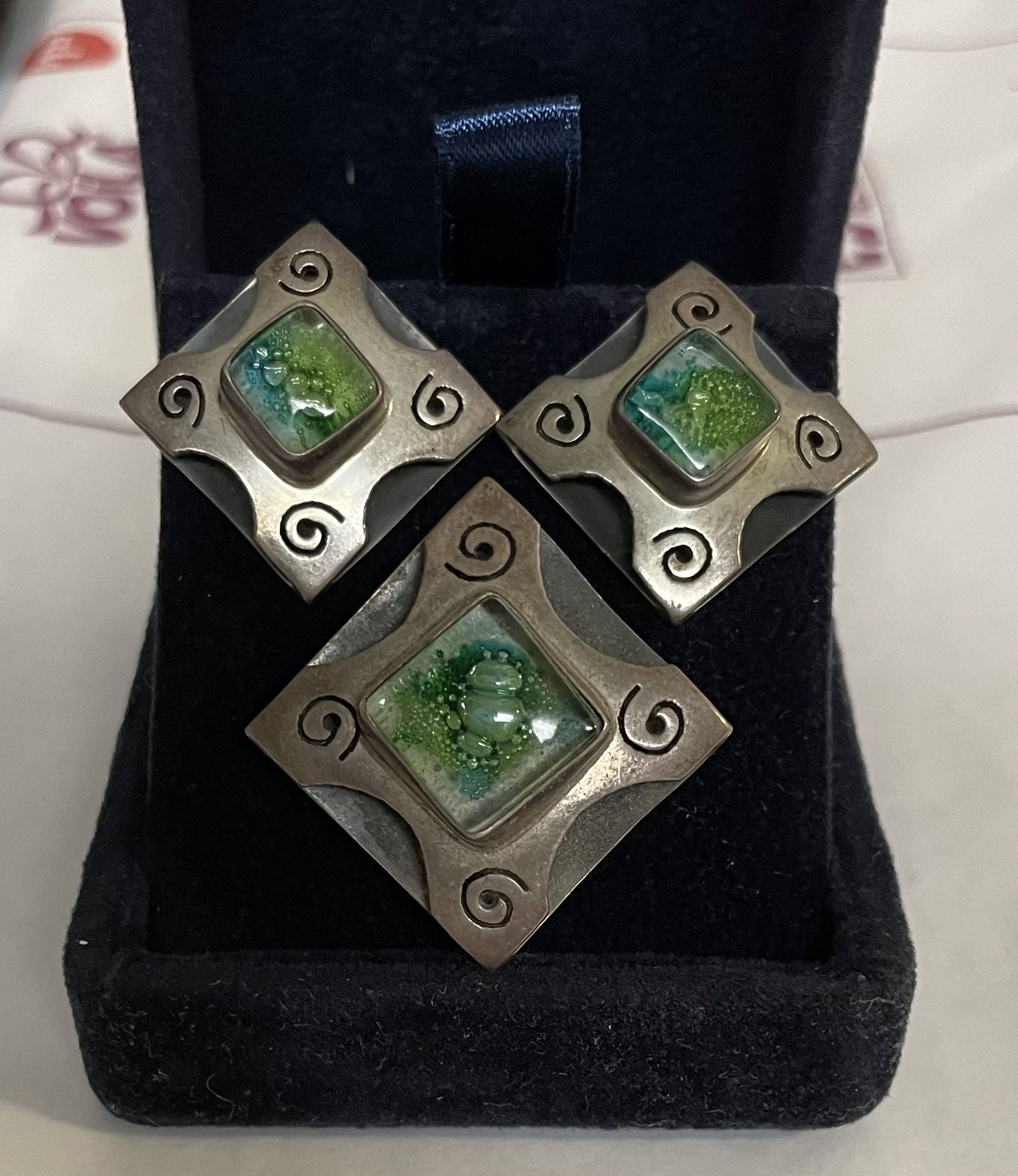 Vintage Silver Pendant/Earrings Set With Blue-green Glass