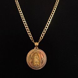 14kt Gold Virgen De Guadalupe Diamond Cut Cuban Chain 