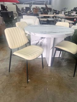Dining Room Table Set. 42” Round Faux Marble Dining Table with Set of 4 Mid Century Modern Retro Faux Leather Chair with Walnut Bentwood Back Upholste