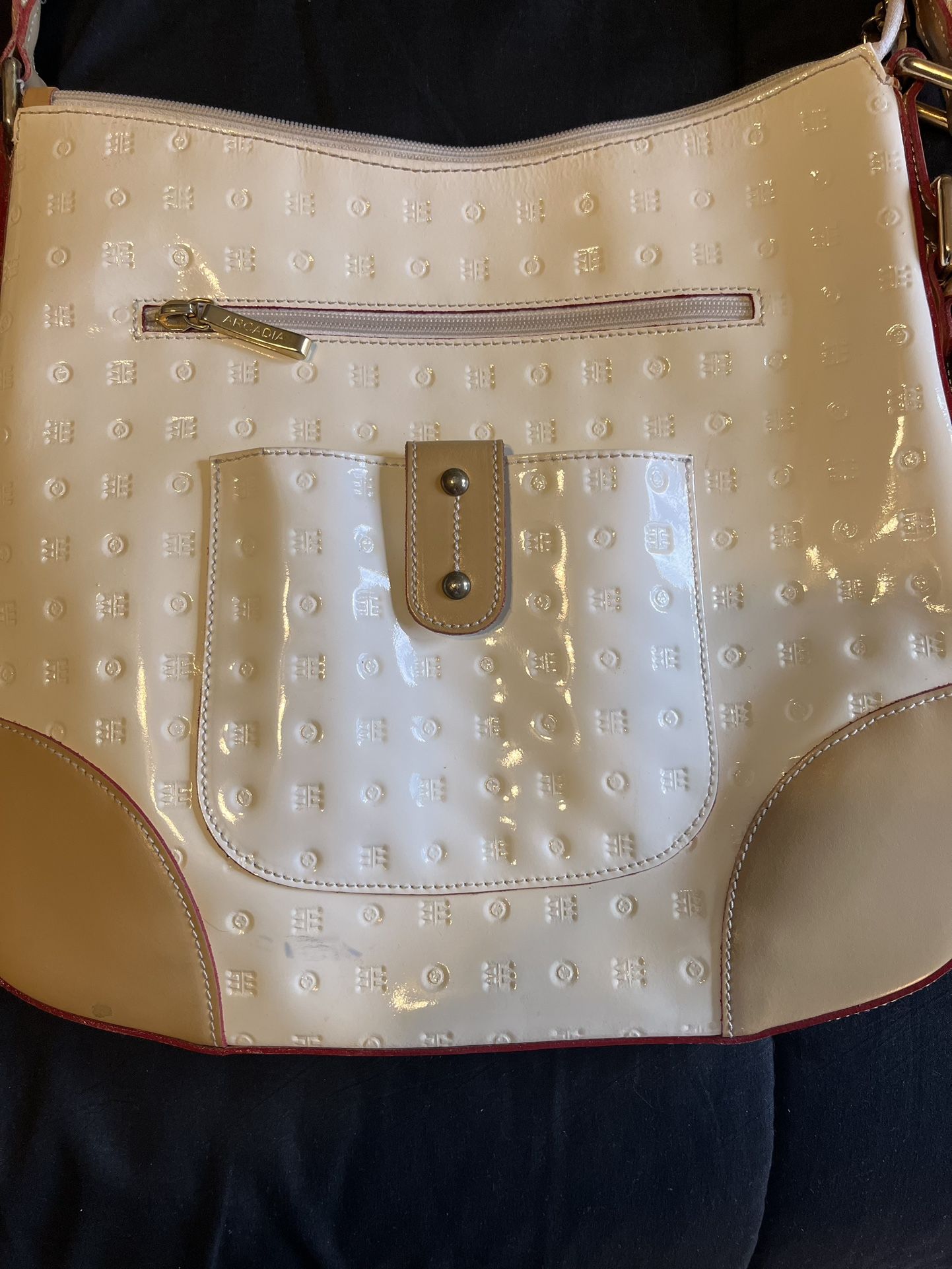 Arcadia White And Tan Adjustable Strap Patent Leather Embossed Handbag