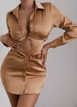 Cut Out Front Curved Mini Satin Shirt Dress