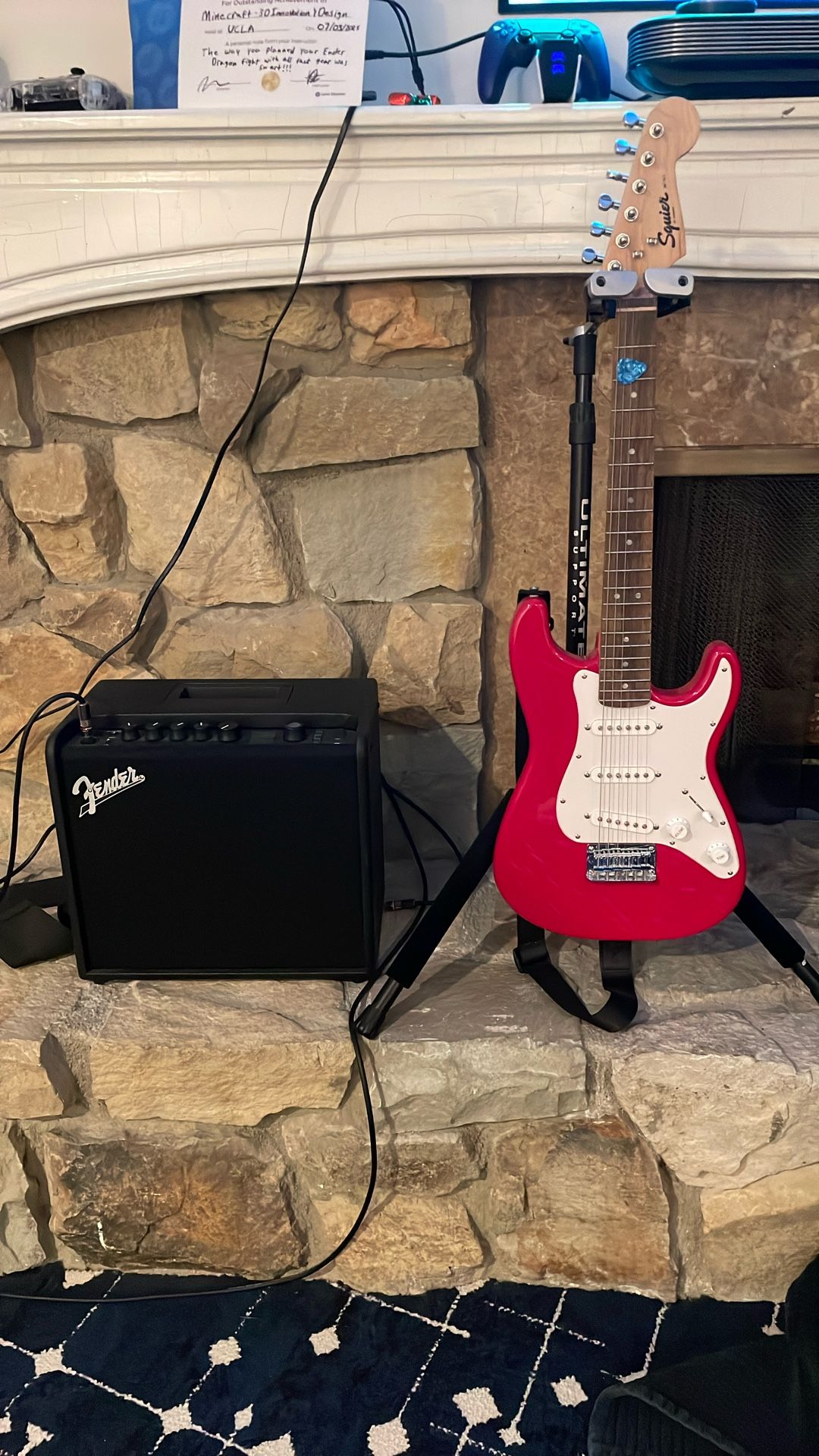 Mini Fender Guitar, Fender Amp, And Guitar Strap And Amp Cable Bundle