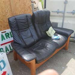 Ekornes STRESSLESS Windsor Loveseat Double Recliner Teak Black Leather Scandinavian norwedian Design