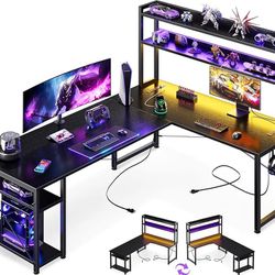 L Shaped Gaming Desk with Hutch & Power Outlets & LED Strip & Monitor Stand, 66" Reversible Computer Desk with Storage Shelves, Corner Desk for Home O