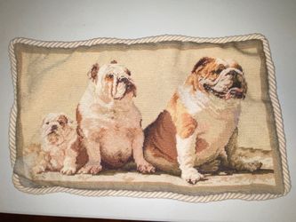 Needlepoint Bulldog Family Pillow 23 X 14”