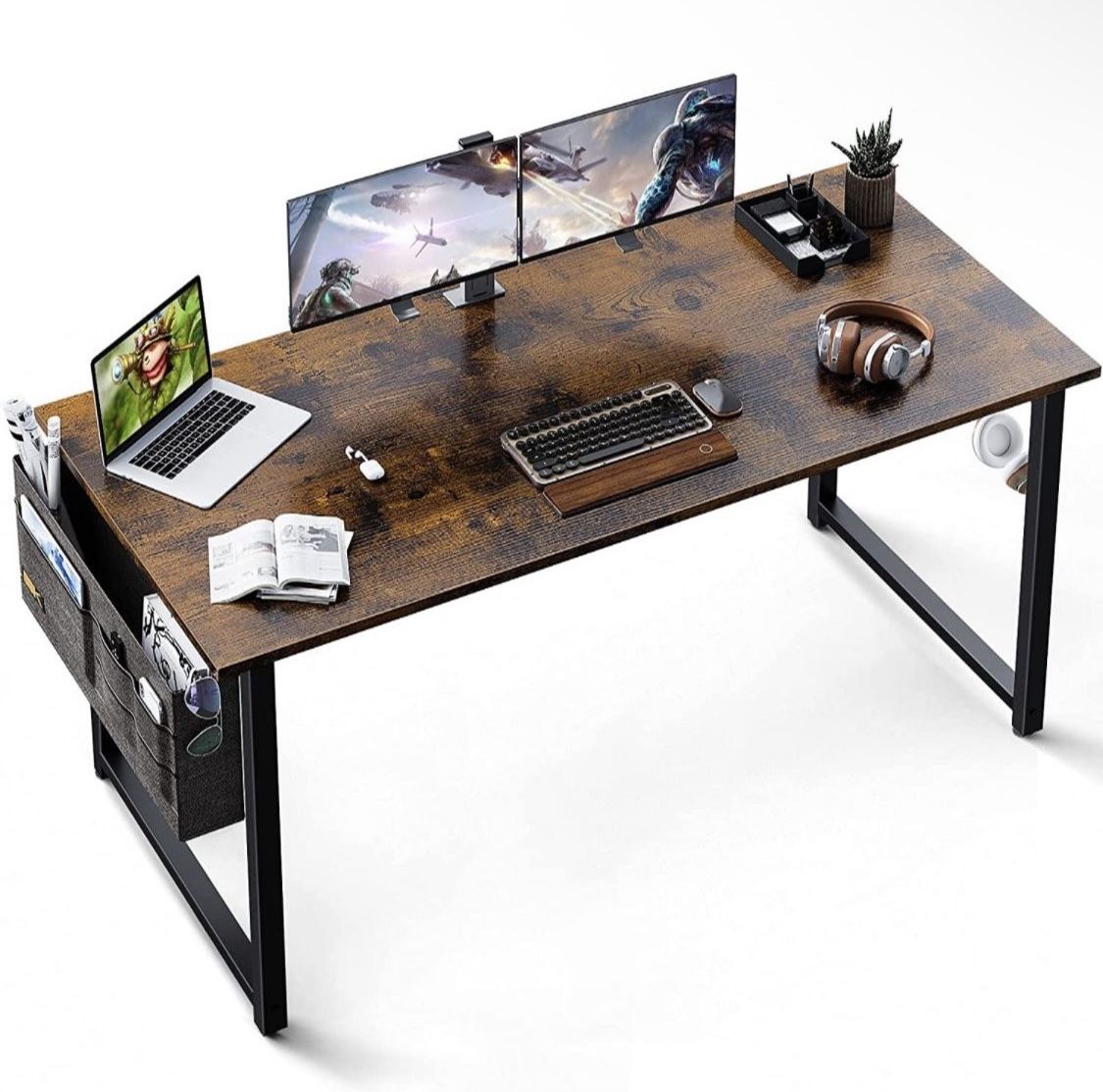 Computer Writing Desk 55 inch, Sturdy Home Office Table, Work Desk with A Storage Bag and Headphone Hook, Vintage