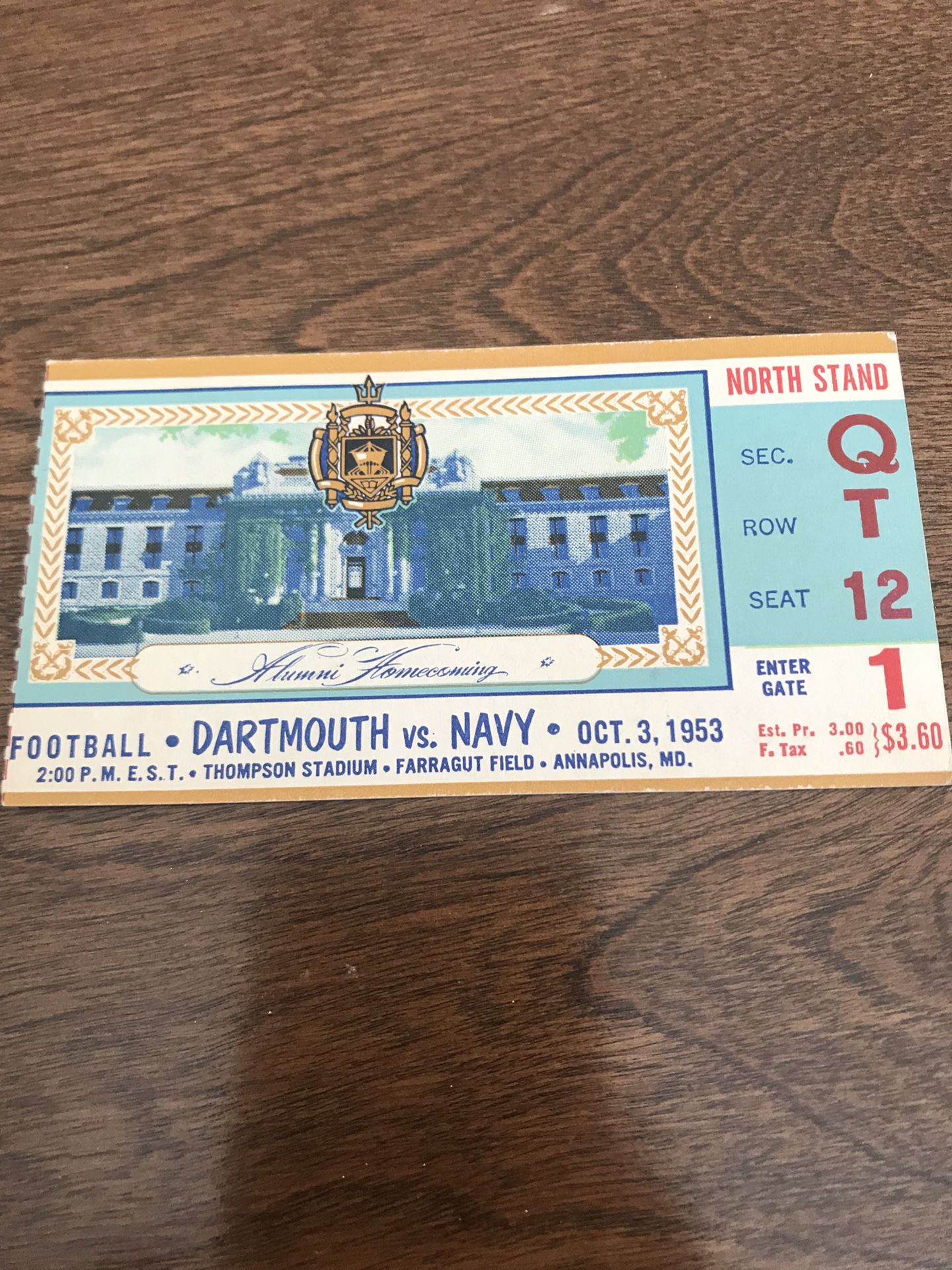 1953 Dartmouth vs Navy Football Ticket Stub