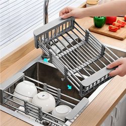 1pc Kitchen Drain Rack, Stainless Steel Retractable Sink Rack Shelf, Household Tableware Bowl Dish Chopsticks Storage Rack