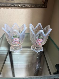 Pair of Fenton White Opal HP Flowers Glass Tulip Shape 2 Way Candle Holder