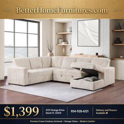 Cream Corduroy Sectional Sofa with Storage Chaise- finance available $39 down