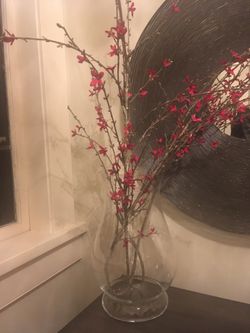 Pottery Barn glass vase with faux branches flowers grass