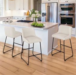Set Of 3 Mali 36 in. Linen Metal Frame Faux Leather Counter Height Bar Stool with Premium Footrest and Non-Slip Footpads