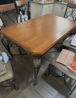 Wood Top Dining Table with Wrought Iron Base