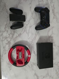 Nintendo Switch Bundle Pack Adaptor, Steering Wheel, 2 Controllers
