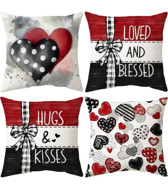 Valentine'S Day Pillow Covers 18X18 Set of 4 Hugs and Kisses Valentines Day Deco