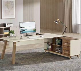JW0868AB 71-Inch Executive Desk, L-Shaped Desk with 55-Inch Cabinet, Large Office Desk with Storage