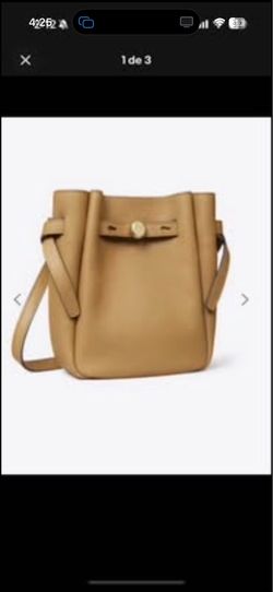 Tory Burch Pebbled Bucket Bag Tiramisu Gold Button Drawstring Shoulder