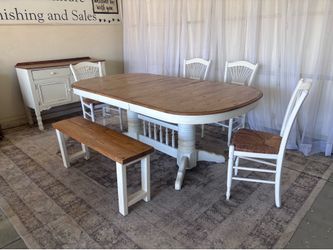 ❤️ farmhouse table 4 four chairs bench buffet dinning comedor dinner dining set white oak