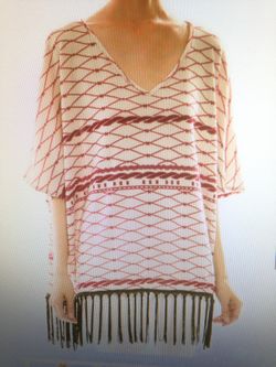 Print v neck fringe knit top sweater ivory