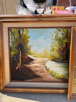 Framed Oil Painting Forest River Landscape