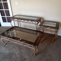 3 Marble Tables With Glass Top And Wrought Iron Base 