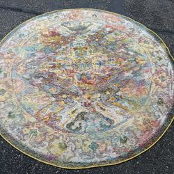 7' Round Light Blue Orange Boho Chic Oriental Living Room Bedroom