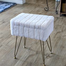 Faux Fur White Vanity Stool Ottoman with storage