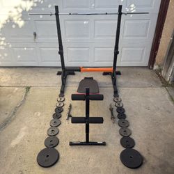 Standard Weights, 6-ft Bar, Squat Rack, Declined Bench, Dumbbell bars