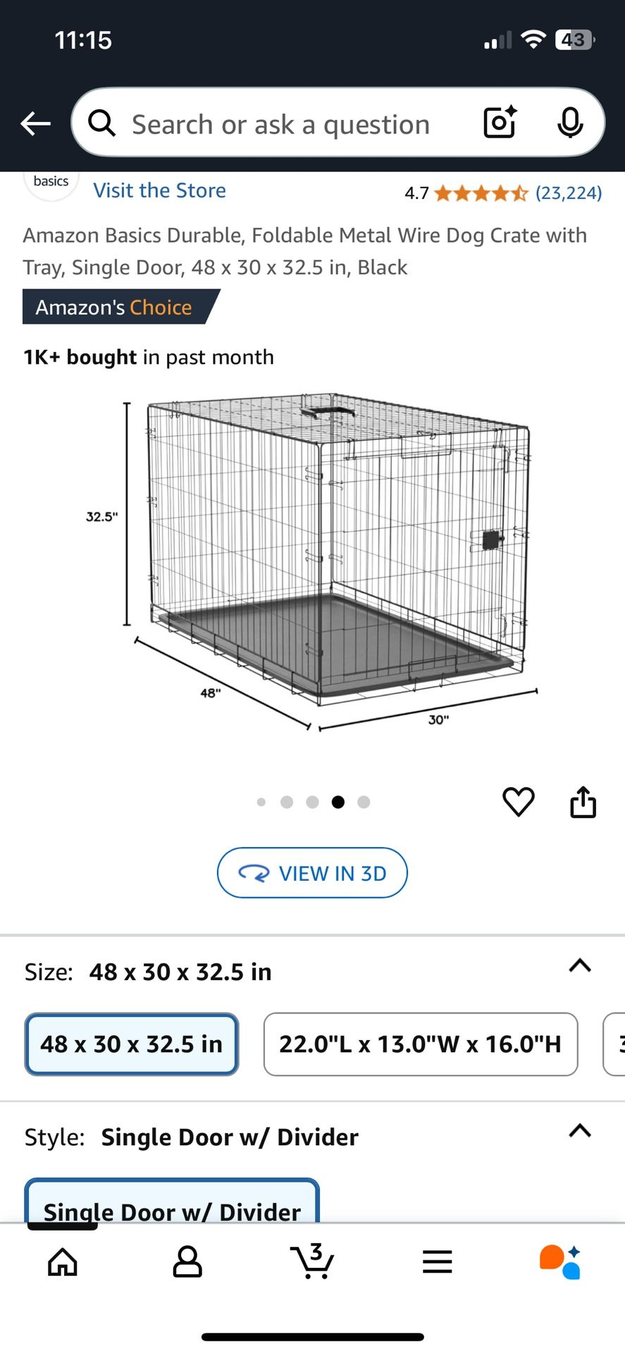 Dog Crate (Size: 36"L x 23"W x 25"H)