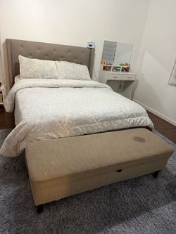 Queen bed , bench and one white night stand
