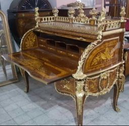 French Louis XV Style Marquetry Roll-Top Desk
